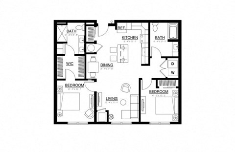 Floor plan for 2 beds, 2 baths, 1075 sqft